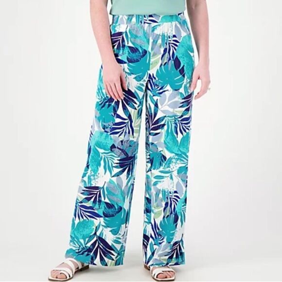 Denim & Co Beach Wide Leg Pants Aqua Palm Sz 1X Tall - Picture 1 of 3